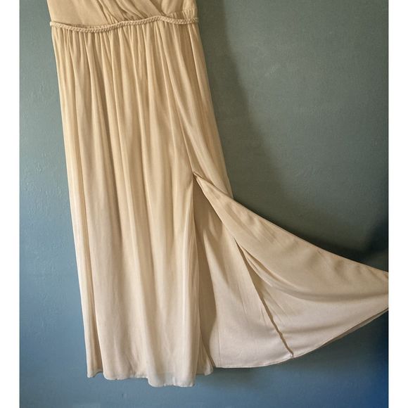 Azazie v-neck beige sleeveless gown with 24" left leg slit size A12 - Picture 3 of 5